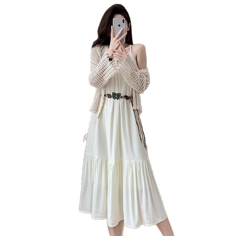 Seaside vacation style suit temperament waist suspender dress women's summer knitted hollow cardigan top two-piece set