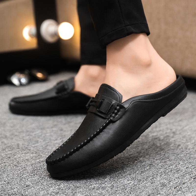 Fashion Summer Leather Men Half Slippers Breathable Mens Casual Shoes Slip-on Lazy Driving Shoes Comfortable Walking Loafers Moccasins