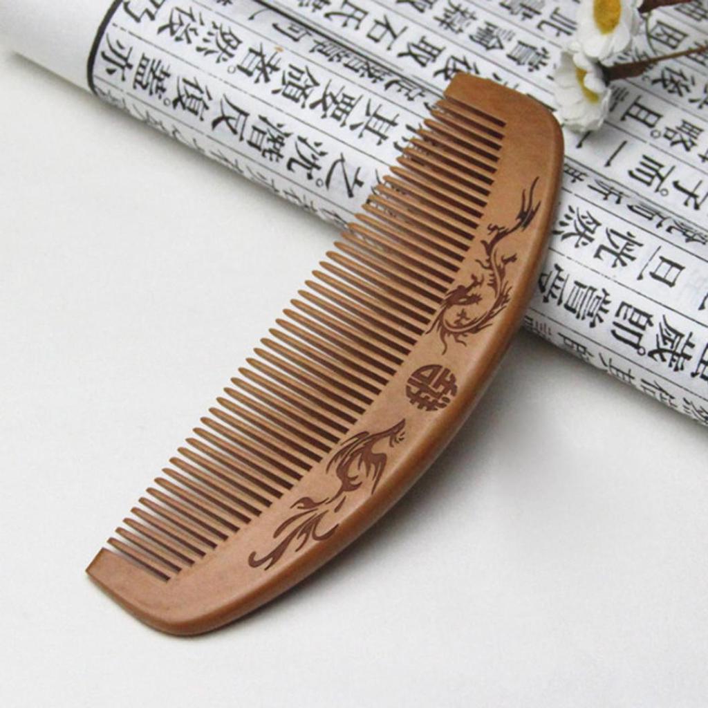 Dragon Phoenix Engraved Peach Wood Healthy Massage Anti-Static Hair Care Comb