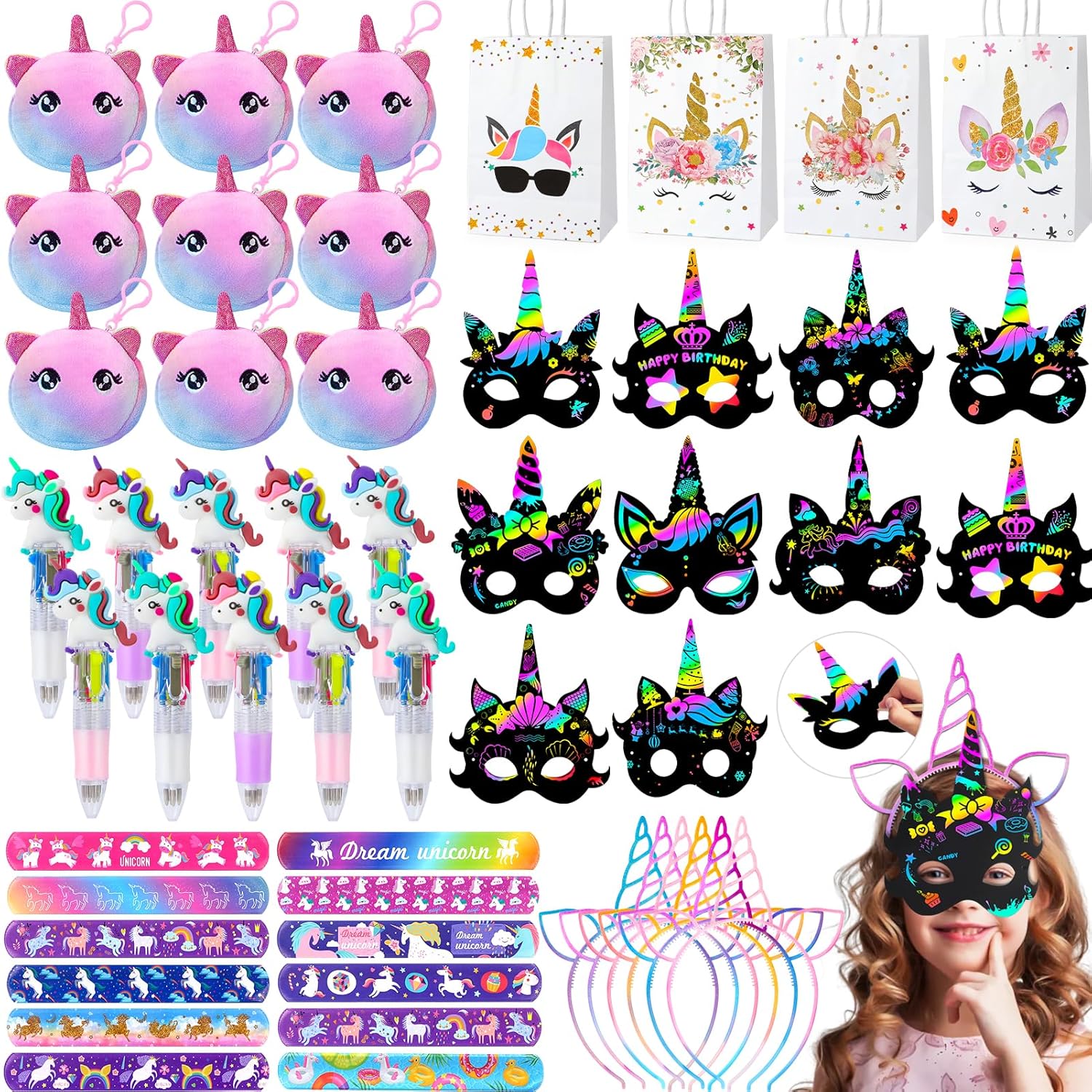 Unicorn Party Favors Birthday Supplies, Unicorn Goodie Bags Coin Purse Ballpoint Pen Scratch Mask Headband Slap Bracelet, Unicorn Birthday Party