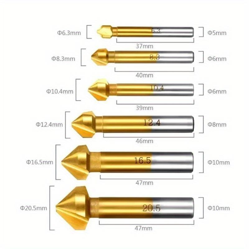 6Pcs/set Chamfering End Mill Tool Countersink Drill Bit Set Metal Wood 3 Flute 90 Degree High Speed Steel Titanium-Coated Deburring Hole