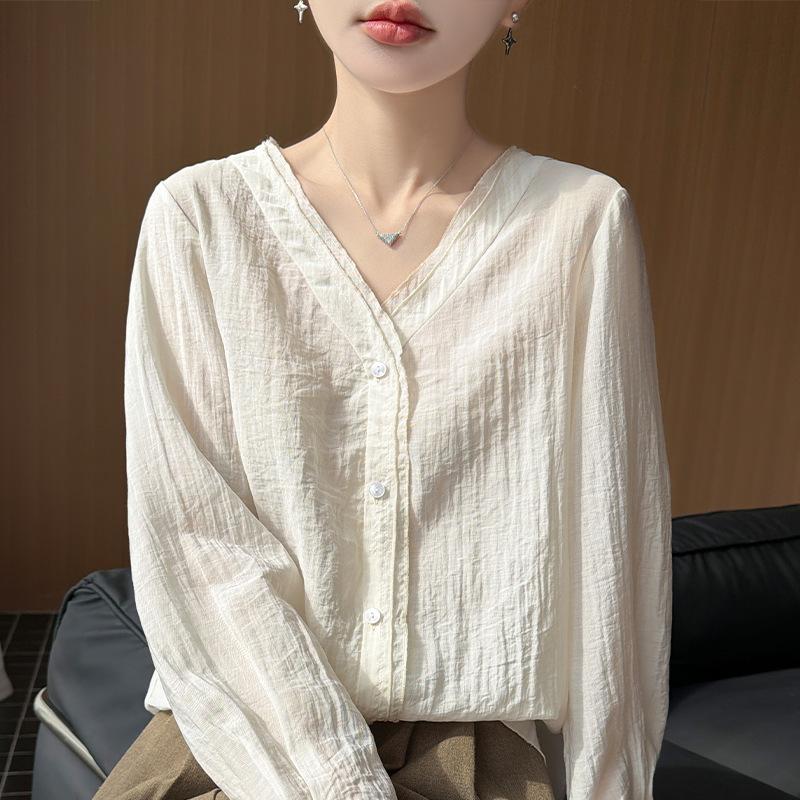 

Spring and Summer New Style V-Neck Shirt Blazer Long-Sleeved Women s Solid Color Lightweight Loose-Fitting Versatile Top Shirt XXL білий