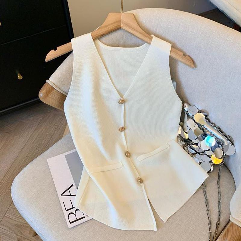 French Retro Solid Color V-Neck Sleeveless All-Match Casual Short Knitted Vest For Women