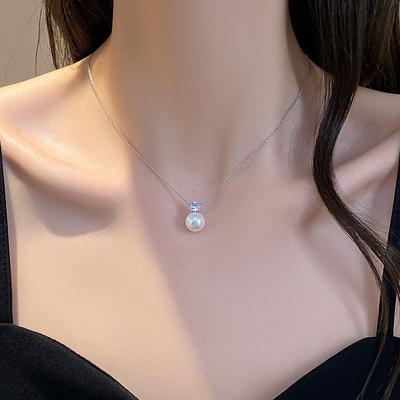 White Pearl Zircon Necklace Retro Simple Cold Wind French Light Luxury Bead Pendant With Diamonds Autumn And Spring Sweater Chain
