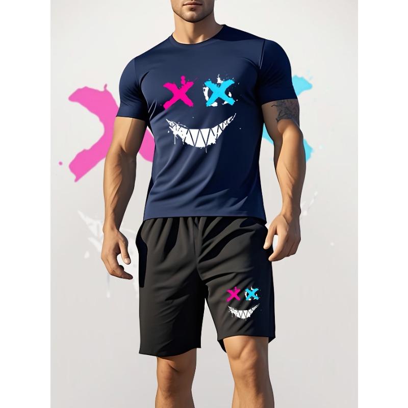 Men s personalized graffiti print casual suit, short-sleeved shorts decorated with contrasting  XX  S
