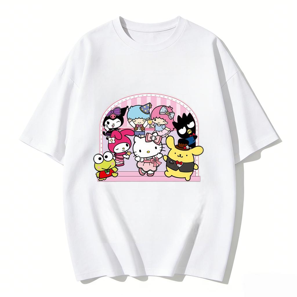 2026 New Sanrio Characters Party Cartoon Print Tshirt Family Matching Outfits Casual Short Sleeve Tee for Women Unisex Kids Tops