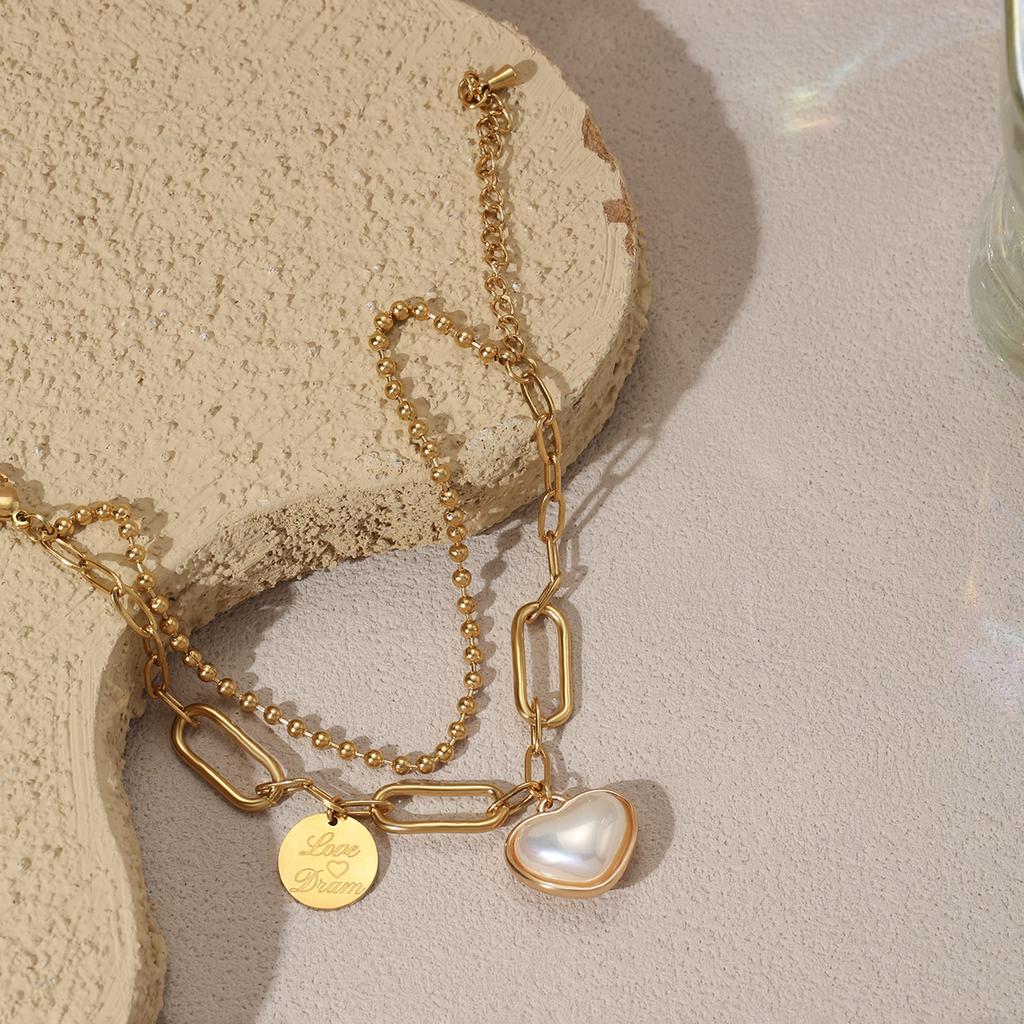 Golden Double Layer Chain Heart Pearl Charm Bracelet for Women Elegant Jewelry Gift