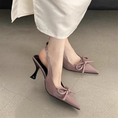 Sweet High Heels Spring Summer New Fashion Baotou Back Empty Bow Single Shoes Pointed Toe Stiletto Sandals Women