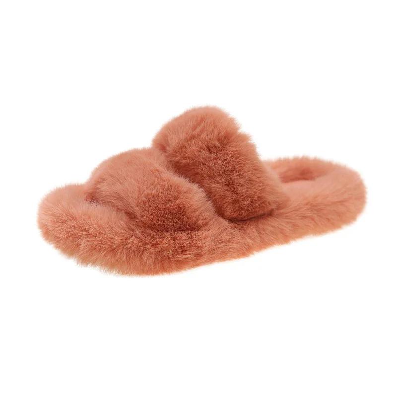 Women Fur Warm Winter Furry Fur Shoes Fluffy Plush Slippers Home House Indoor Shoes Bedroom Slippers Female Ladies Round Toe
