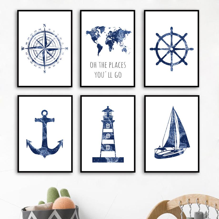 World Map Hot Air Balloon Sailboat Compass Retro Wall Art Nordic Posters Painting Cartoon Pictures Kids Room Decor Canvas Prints