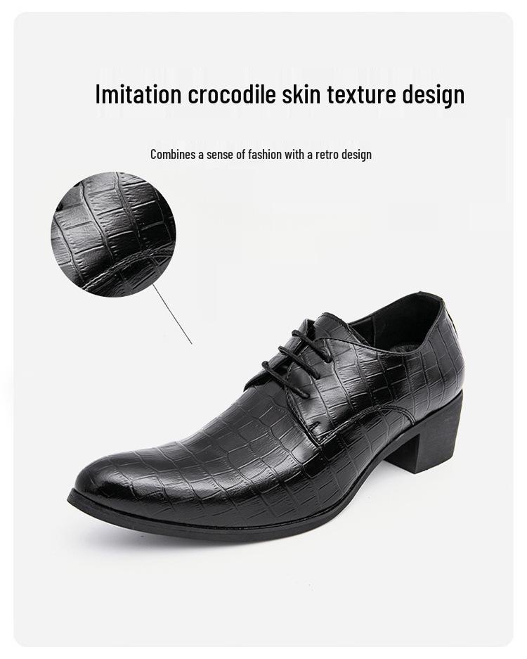 Men's Embossed Pointed Toe Leather Shoes - Height Increasing, Lace-up, Casual & Formal, Spring/Autumn.