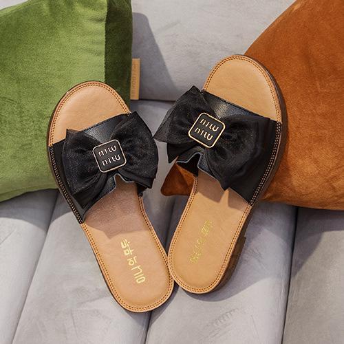 Fashion Cow Leather Sandals 2025 New Women's Slippers Bow Large Size 35-43 Beef Tendon Sole Soft Sole Geunine Leather Slippers