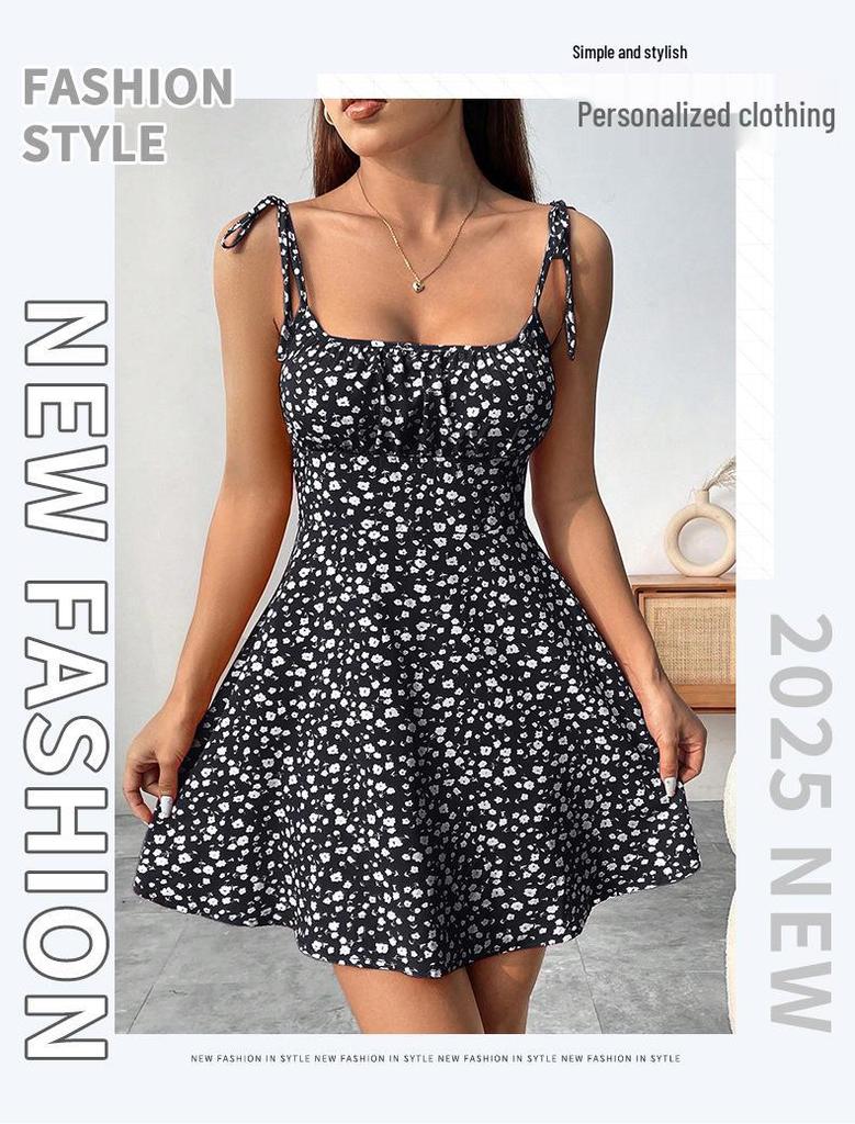 French Floral Gradient Spaghetti Strap Dress - Elastic Waist, Summer Vacation Style
