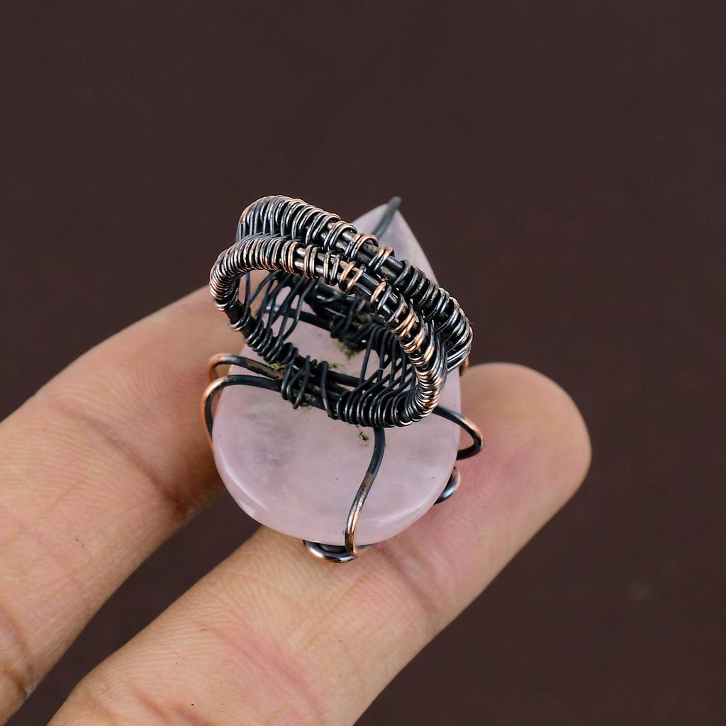 Rose Quartz Handmade Copper Wire Wrap Jewelry Ring Size 9.5 a5z95