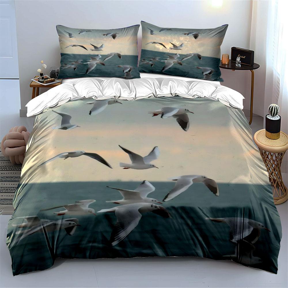 3Pcs Flying Seagulls Over the Ocean Bedding Set, Realistic Coastal Print Duvet Cover + 2 Pillowcases, Serene Decor