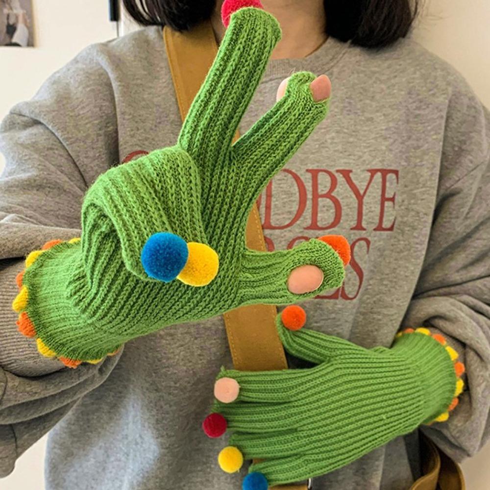 Knitting Gloves Colorful Hairball Cycling Driving Gloves Full Finger Mittens Autumn