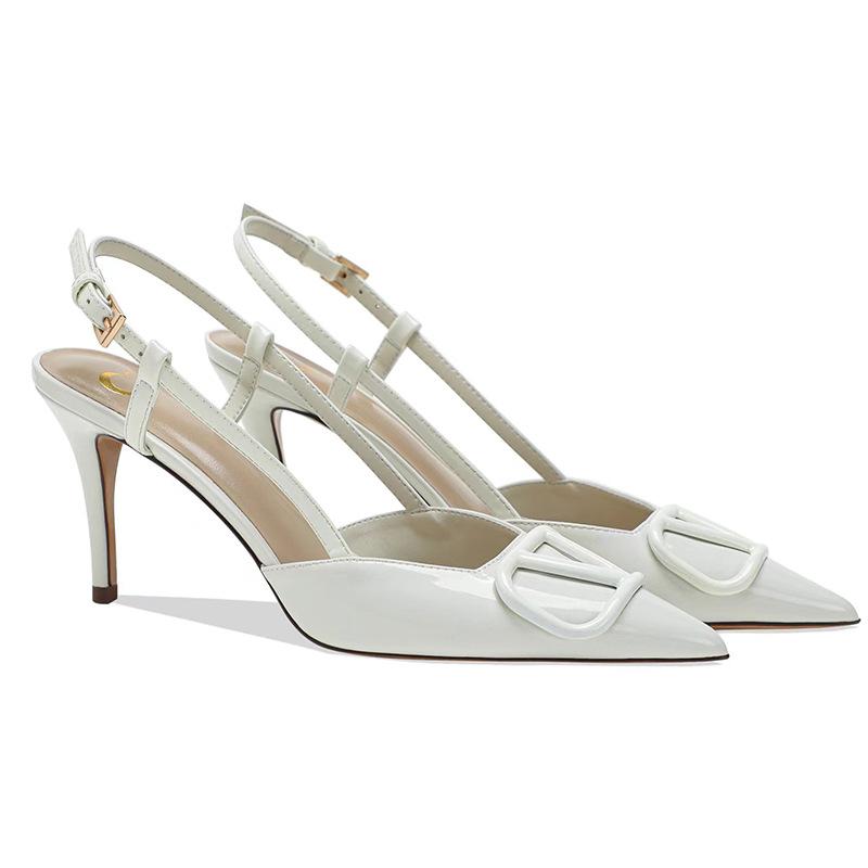 V buckle high heel rear empty stiletto sandals women's new summer pointed single shoes with rhinestone leather