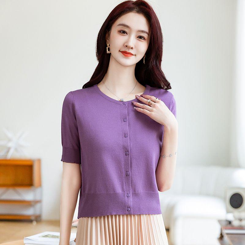 Spring Women's Elegant Solid Button Up Short Sleeve Knitted Blouse