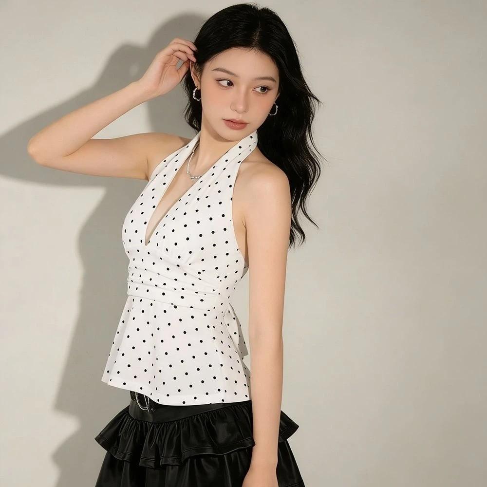 Deep V Neck Lace-up Dots Camisole Pleated Halter Ruffle Vest Ins Style Women Crop Top Girl