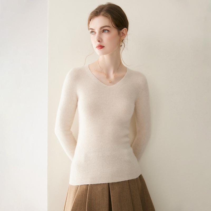 2026 Le Ka Sha Women's 100% Pure Cashmere Striped V-Neck Long Sleeve Knit Pullover