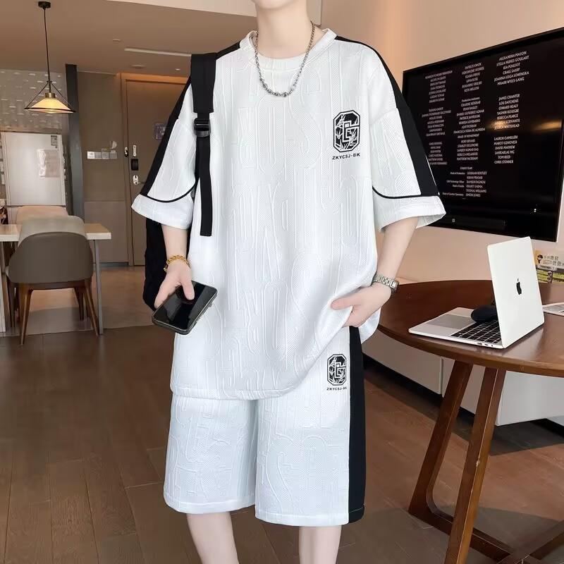 Men's Waffle Summer Suit Casual 4XL 5XL T-shirt + Shorts Suit Men's Tracksuit Solid Color Tracksuit Loose Suit