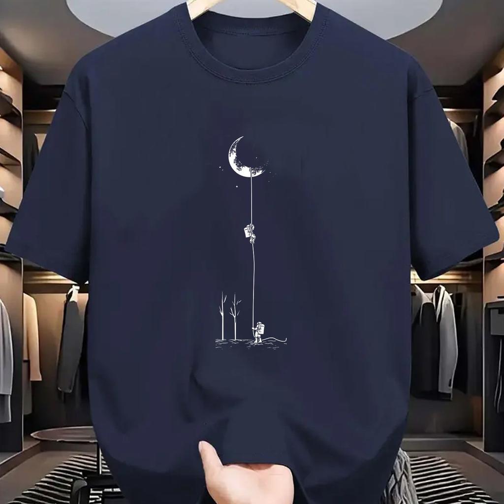 Summer men's 100_ pure cotton casual loose fit plus size moon landing pattern printed round neck short sleeved T-shirt top