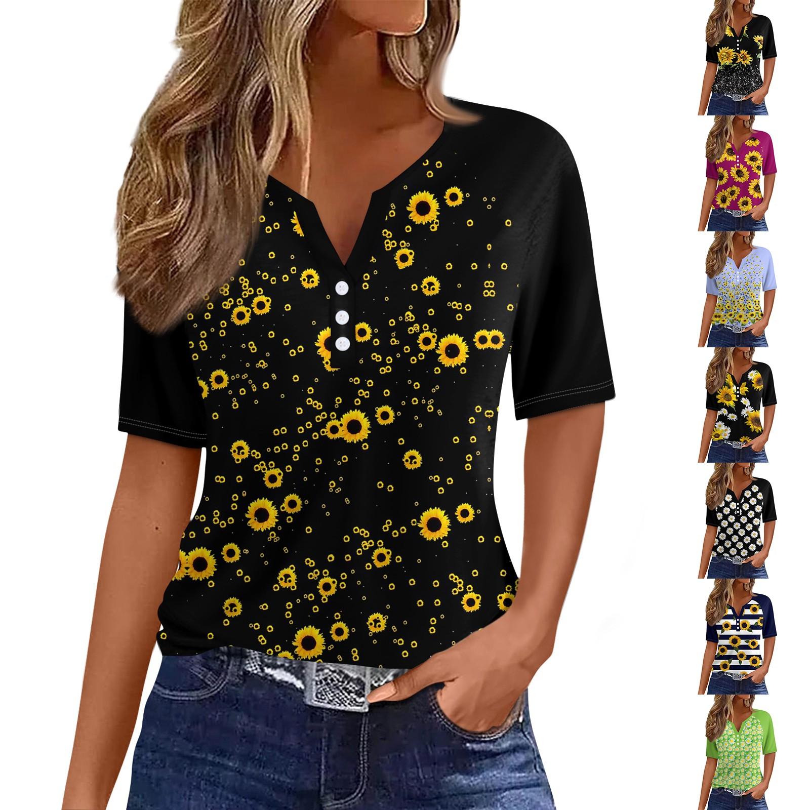 

Женская футболка Футболка с принтом и пуговицами Рукав реглан Повседневные Выходные Мода Классический V-образный вырез Обычный Топ