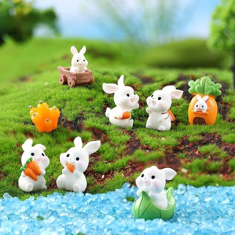 5Pcs Mini Rabbit Resin Figurine Cute Cartoon Animal Statue Tiny Landscape Ornament For Micro Garden Easter Decoration