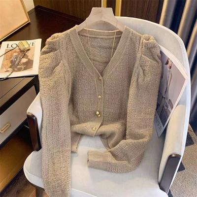 V-neck Knitted Cardigan Women Sweater Solid Color Puff Long Sleeve Tops 2023 Autumn Winter Casual Coat Knitwear Sweaters 29202