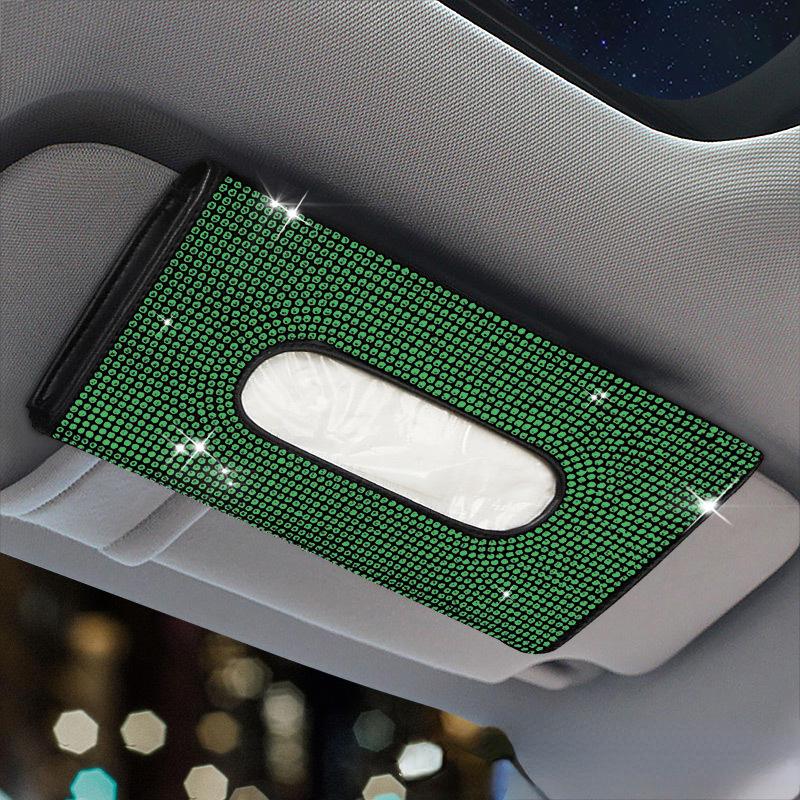 Bling Crystal Rhinestone Leather Car Tissue Holder, Sun Visor Backseat Napkin Case, Auto Storage Accessory