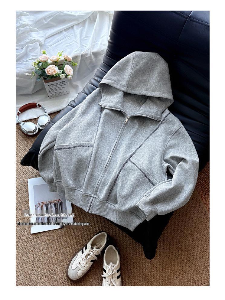 Women's Gray Sweatshirt Jacket - 2025 Early Autumn/Winter Korean-Style Petite Versatile Commuter Outfit