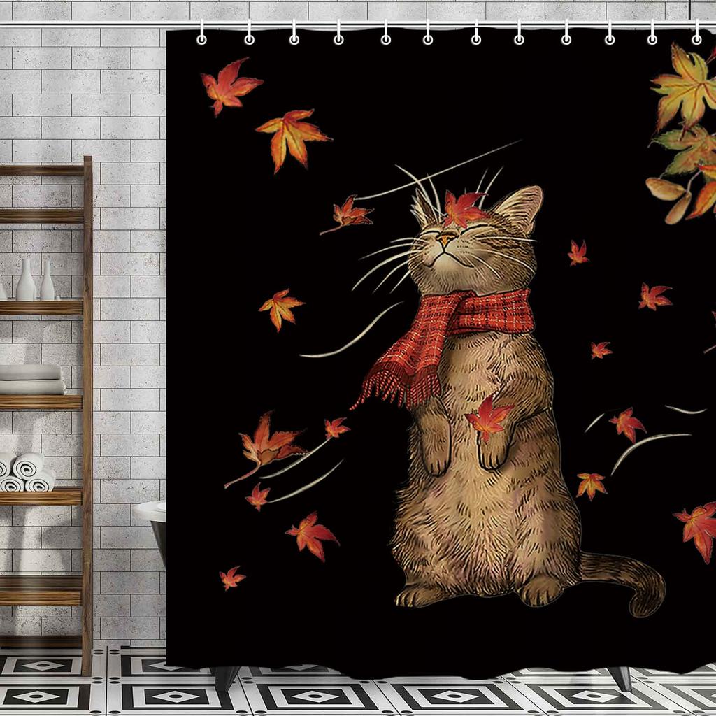 Funny Animals Shower Curtain,Cat Cowboy With Rifle Rides A Horse On Green Grass Ranch With Cow Dog Shower Curtains For Bathroom