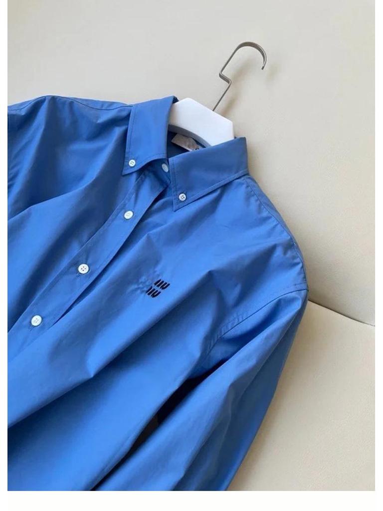 Nanyou Unisex Blue MM Letter Embroidery Long-Sleeve Shirt