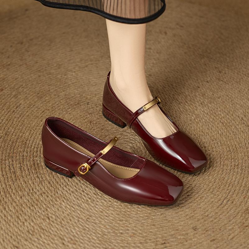 Retro Buckle Burgundy Mary Jane Single Shoes Square Toe Shallow Mouth Single Shoes Necessary Low Top Shoes for Commuting