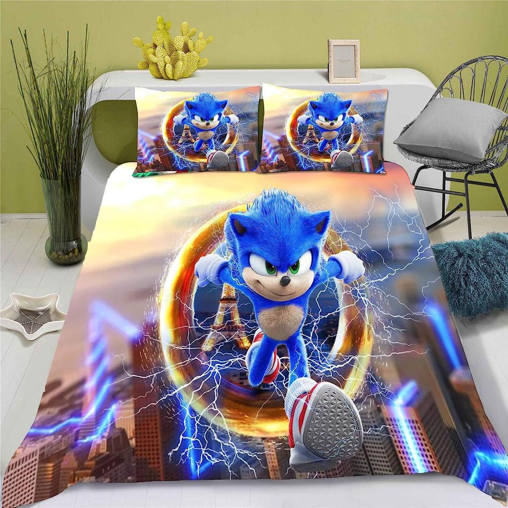 Sonic Three-Piece Set: 3D Digital Print Duvet Cover & Pillowcase Customization for All Seasons.