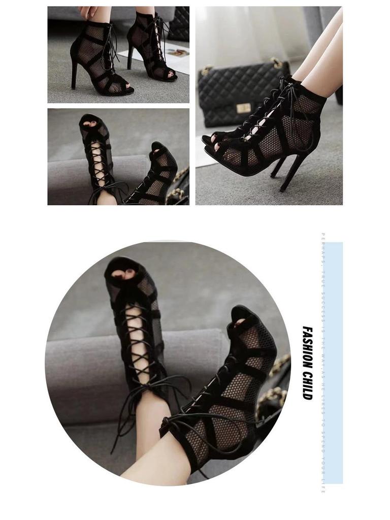 Schwarze Mesh-Wildleder Riemchen-High Heels - Elegante Übergröße Mode für Damen