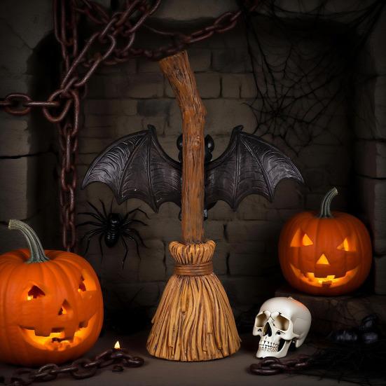 Halloween Broom Bat Figurine Resin Bat with Red Eyes Tabletop Decoration for Indoor Outdoor Home Patio Decor
