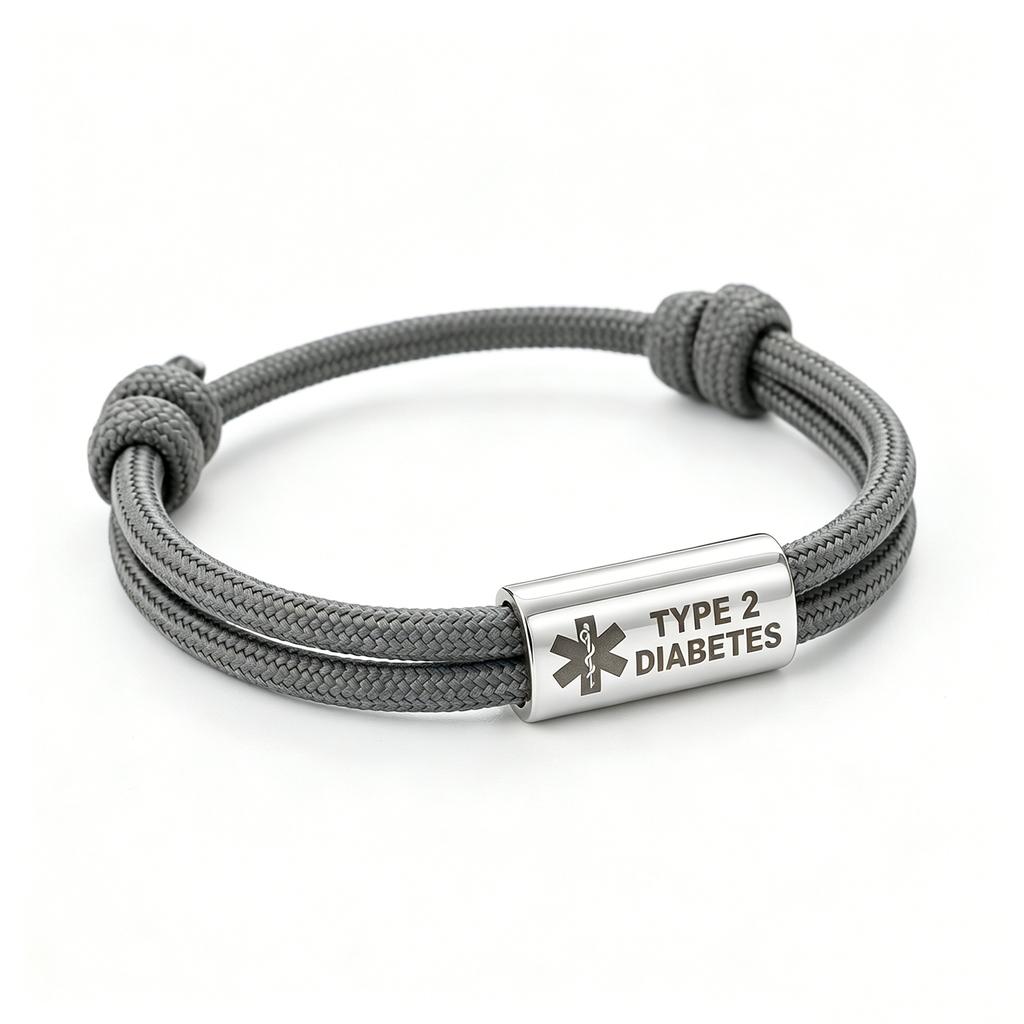 Bracciale Diabete di Tipo 2 Acciaio Inossidabile Barra Incisa Corda di Nylon Intrecciata Doppia per Uomo Donna
