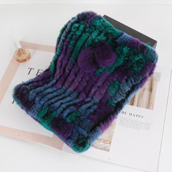 

Новая женская шапка из натурального меха кролика рекса, теплая шапка из натурального меха кролика рекса, шарф, женские вязаные вручную мягкие шапки из натурального меха кролика, шарфы Elasticity (52cm-60cm) зелёный/фиолетовый