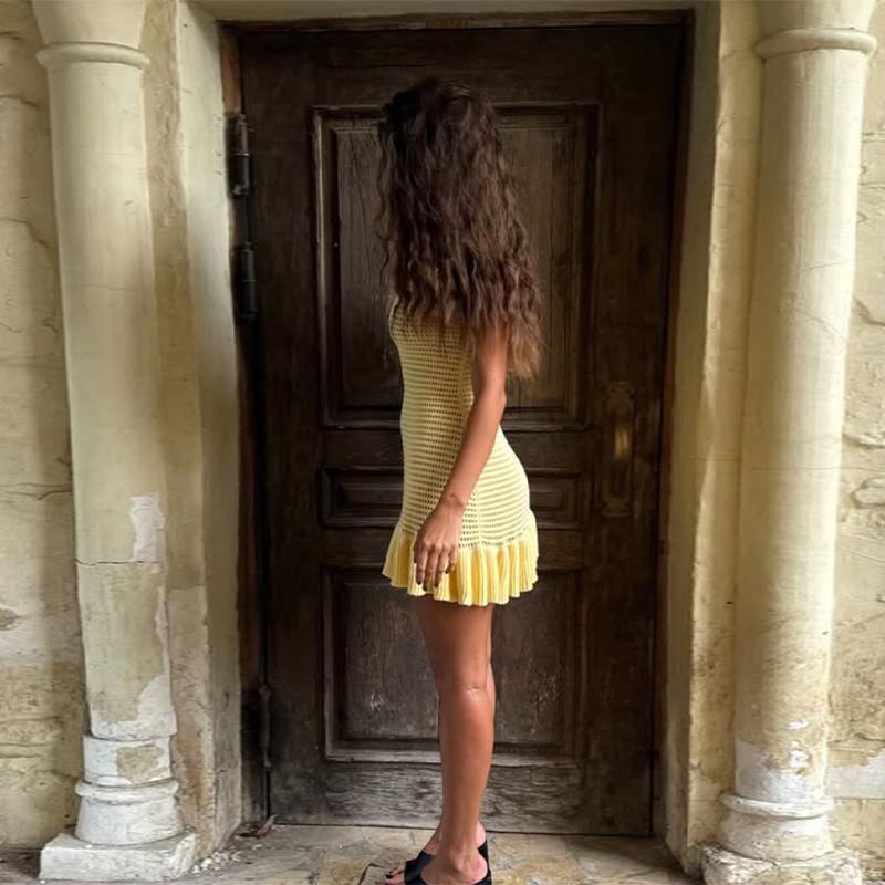 Summer Women Knitwear Knit Ruffled Hollow Out Mini Dress Female V Neck See Through Holiday Beach Casual Clothes Dress