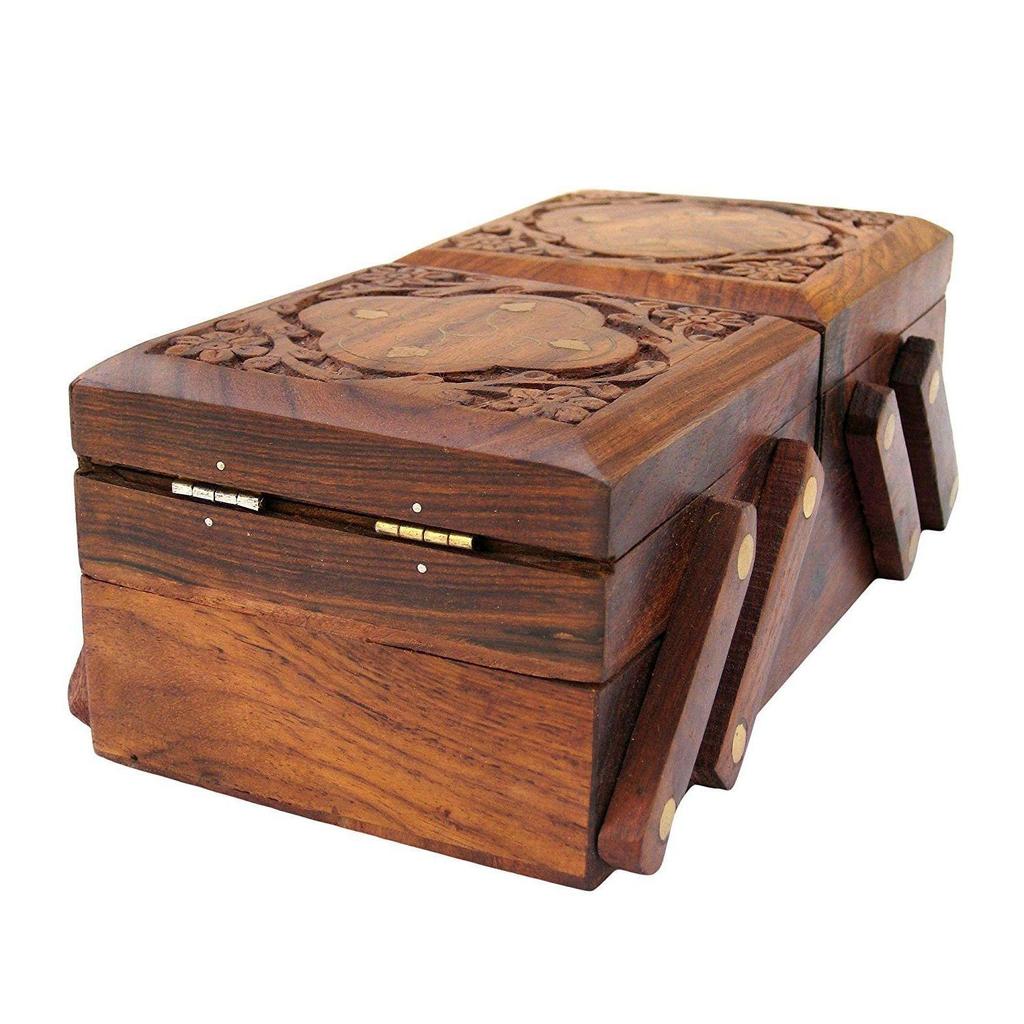 Wooden Jewellery Box (Brass n Carving) for Women/girls Flip Flap Handmade Gift, 8 Inches …