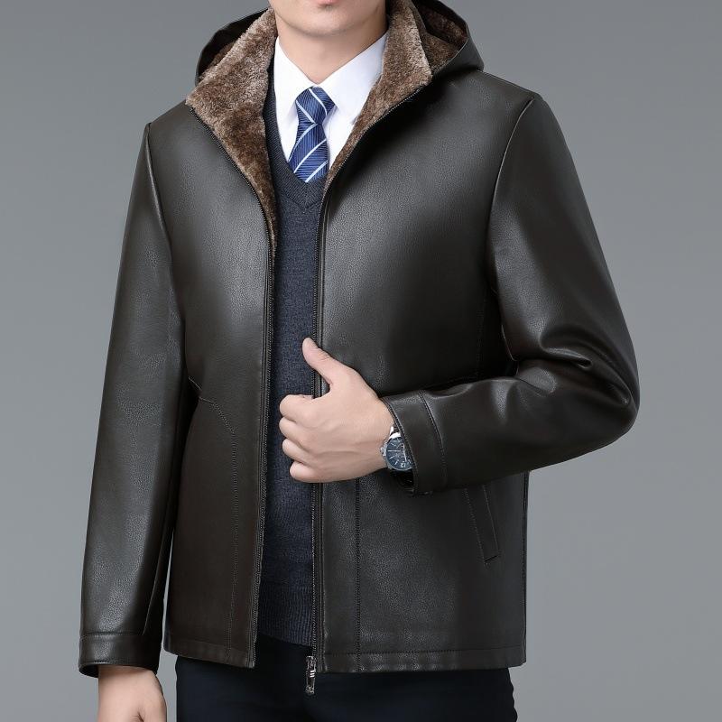 

Новая меховая кожаная куртка для мужчин, зимняя, новая, утепленная, для мужчин среднего возраста, деловая, повседневная, с капюшоном 170