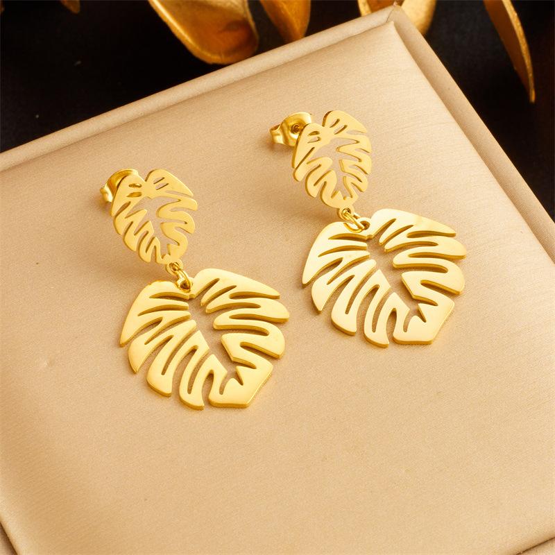 Gold Monstera Leaf Drop Earrings for Women