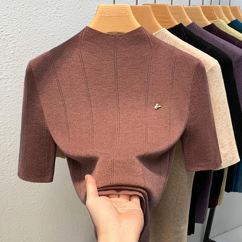 Bottom Button-down Women's Latest Women's Clothing Temperament Semi-turtleneck Pullover Elastic Inner Waist Top