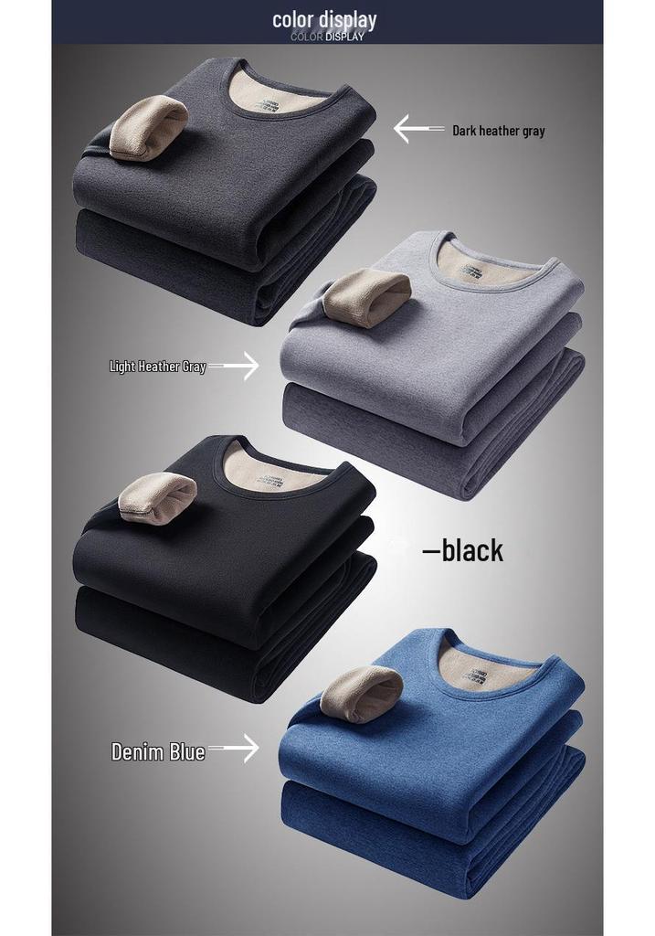 Conjunto de Roupa Íntima Térmica Masculina - Veludo Espessado, Gola Redonda, Cor Sólida, Camada Base de Lã de Cordeiro para Outono e Inverno.