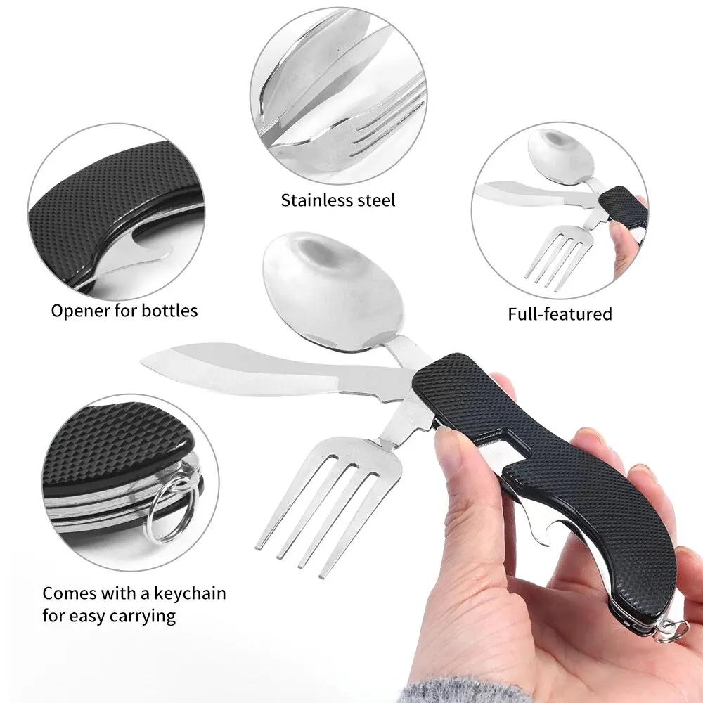 Foldable 4-in-1 Spoon Cutlery Opener Stainless Steel Foldable Pocket Cutlery Kit Outdoor Cutlery Set