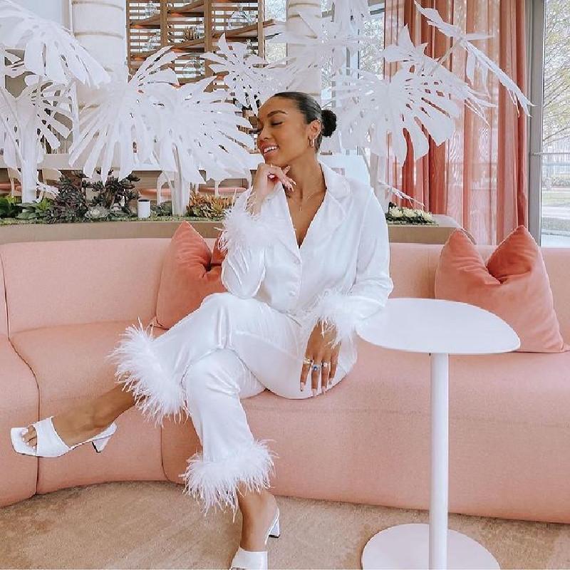 Buy Two Piece Pajamas Women Feather Detail Lounge Set Female