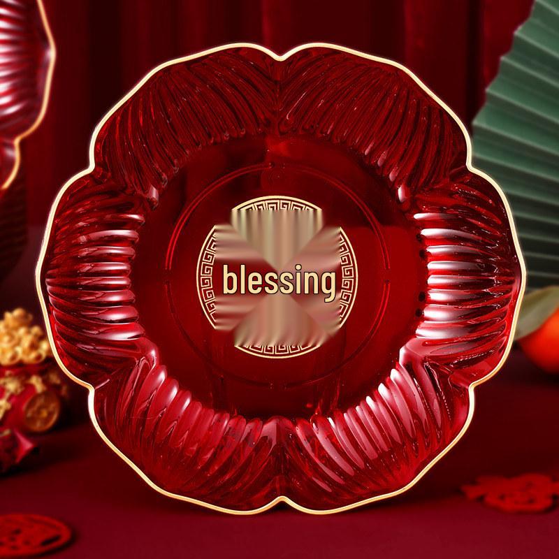 2026 New Year Red 'Fu' Character Fruit Plate with Sunflower Seeds and Candy Snacks for Festive Dining and Coffee Tables