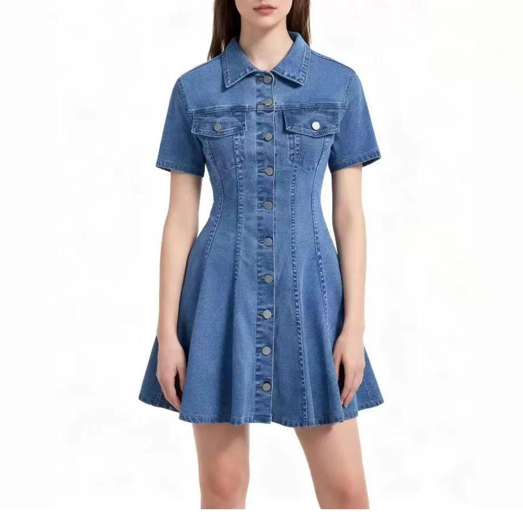 2026 שמלת חולצת ג'ינס חדשה לנשים עם צווארון דש וכיווץ במותן, סגנון קז'ואל