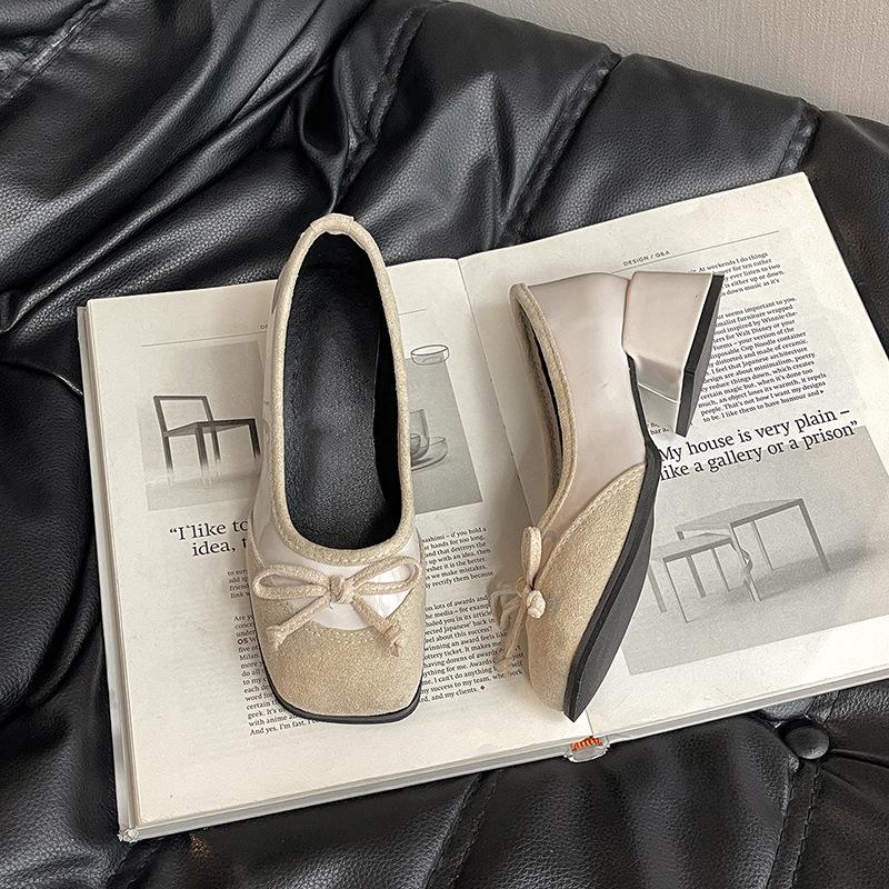 French Bow Thick Heel One Pedal High Heels Autumn Ballet Shoes Bag Head Small Leather Shoes Women Mary Jane Single Shoes